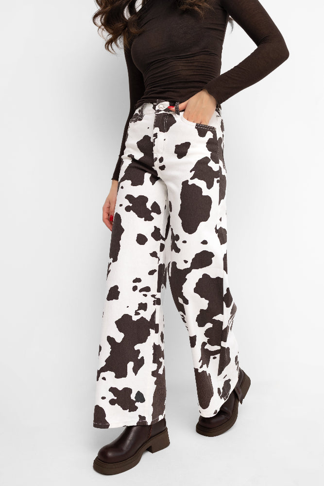 Spodnie wide leg w zwierzęcy print ecru w łaty