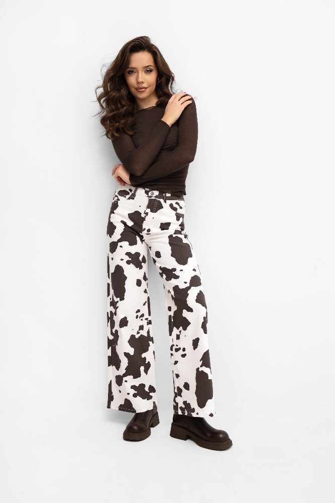 Spodnie wide leg w zwierzęcy print ecru w łaty