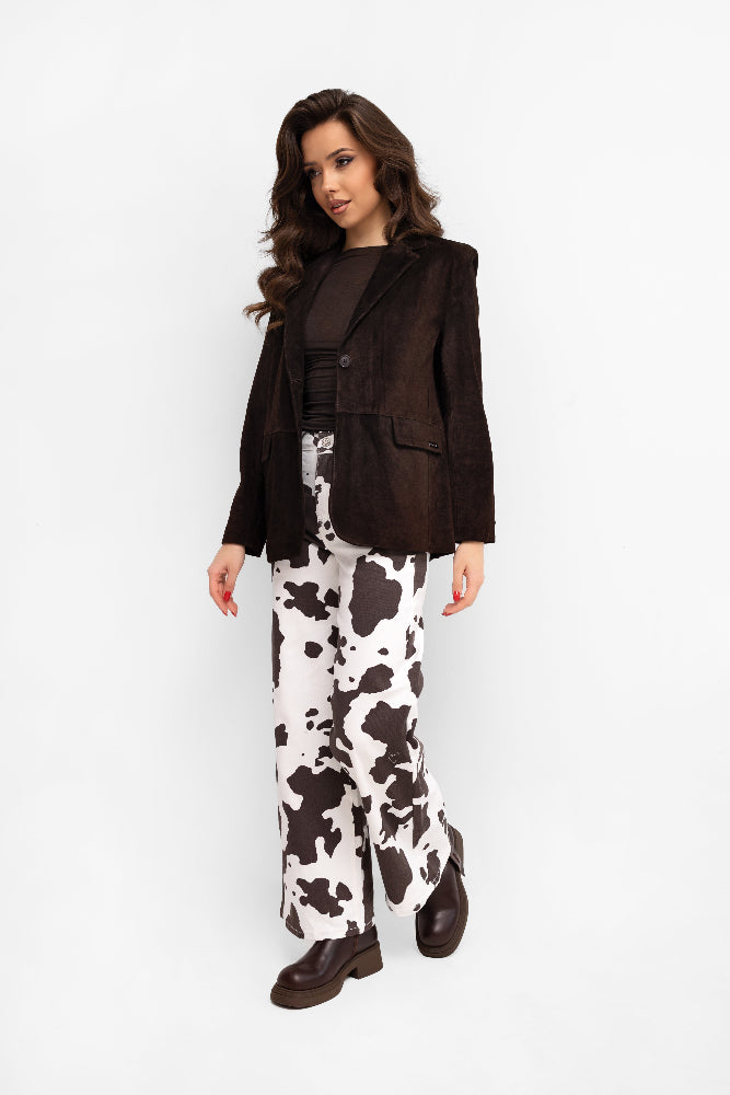 Spodnie wide leg w zwierzęcy print ecru w łaty