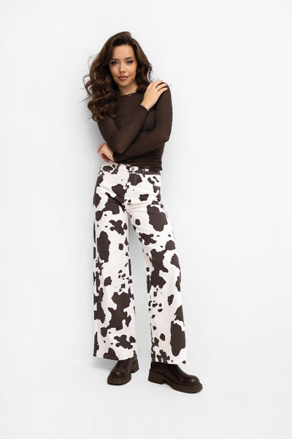 Spodnie wide leg w zwierzęcy print ecru w łaty