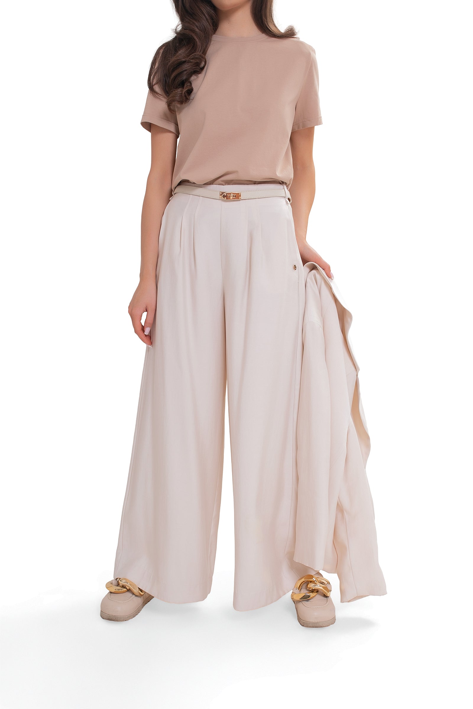 Weit geschnittene Damenhose mit Bundfalten – elegantes Design mit elastischem Bund