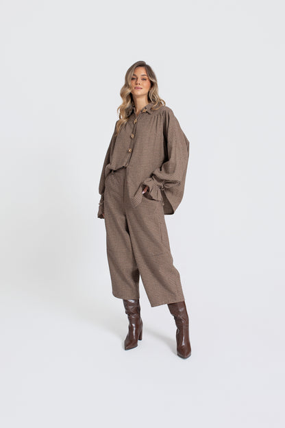 KIRA Koszula damska oversize w kratę z falbankami